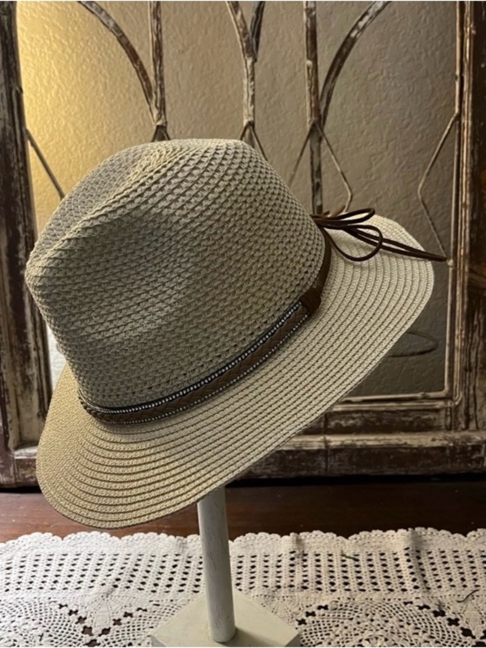 Classic Beige Straw Fedora Hat with Decorative Band - Men Accessories